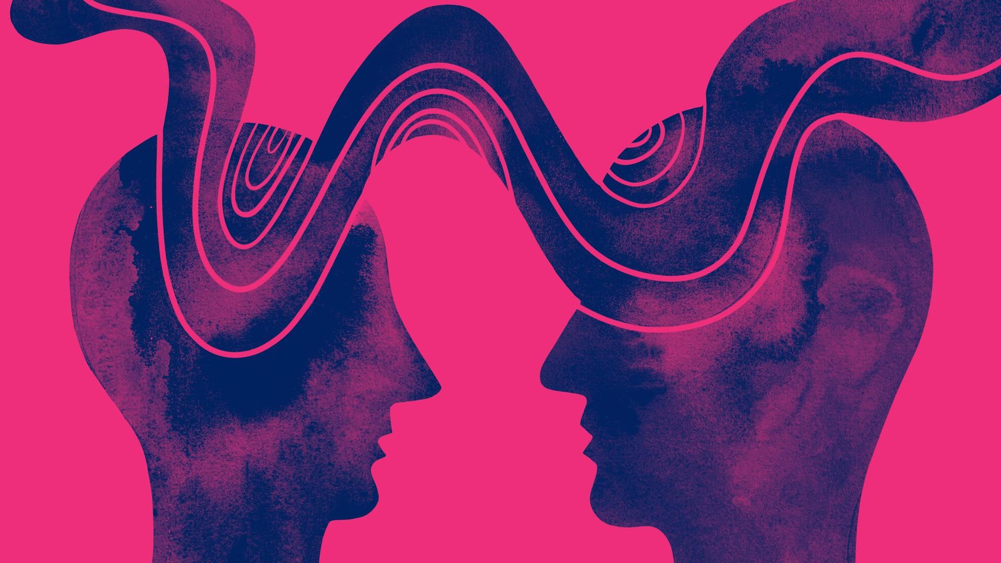 Künstlerische Illustration zweier Köpfe, die über ein Wellenband miteinander verbunden sind Künstlerische Illustration zweier Köpfe, die über ein Wellenband miteinander verbunden sind