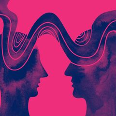 Künstlerische Illustration zweier Köpfe, die über ein Wellenband miteinander verbunden sind