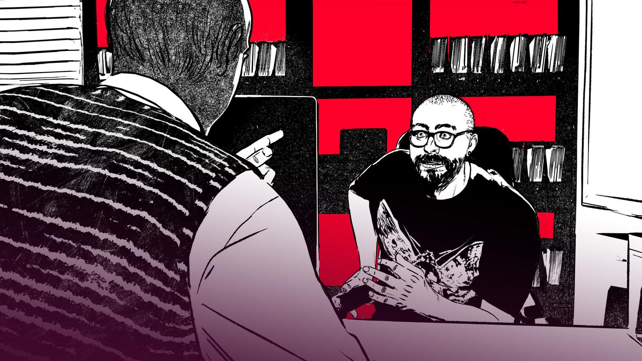 Illustration zeigt zwei Männer an einem Schreibtisch gegenübersitzend in einem konfrontativen Gespräc, Neutralitätsgebot Illustration zeigt zwei Männer an einem Schreibtisch gegenübersitzend in einem konfrontativen Gespräc, Neutralitätsgebot