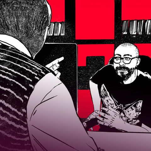 Illustration zeigt zwei Männer an einem Schreibtisch gegenübersitzend in einem konfrontativen Gespräc, Neutralitätsgebot