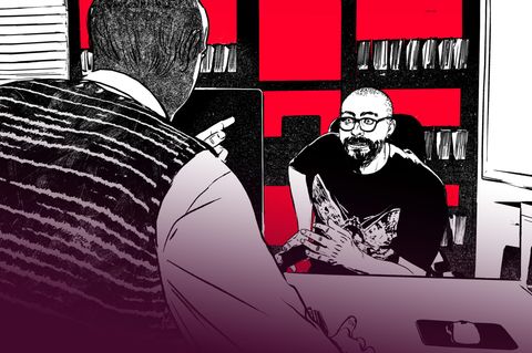 Illustration zeigt zwei Männer an einem Schreibtisch gegenübersitzend in einem konfrontativen Gespräc, Neutralitätsgebot