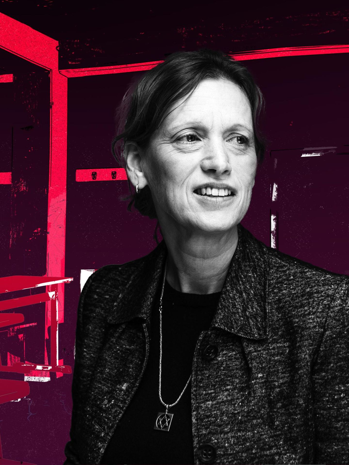 Montage zeigt Karin Prien vor einem illustrierten Klassenzimmer