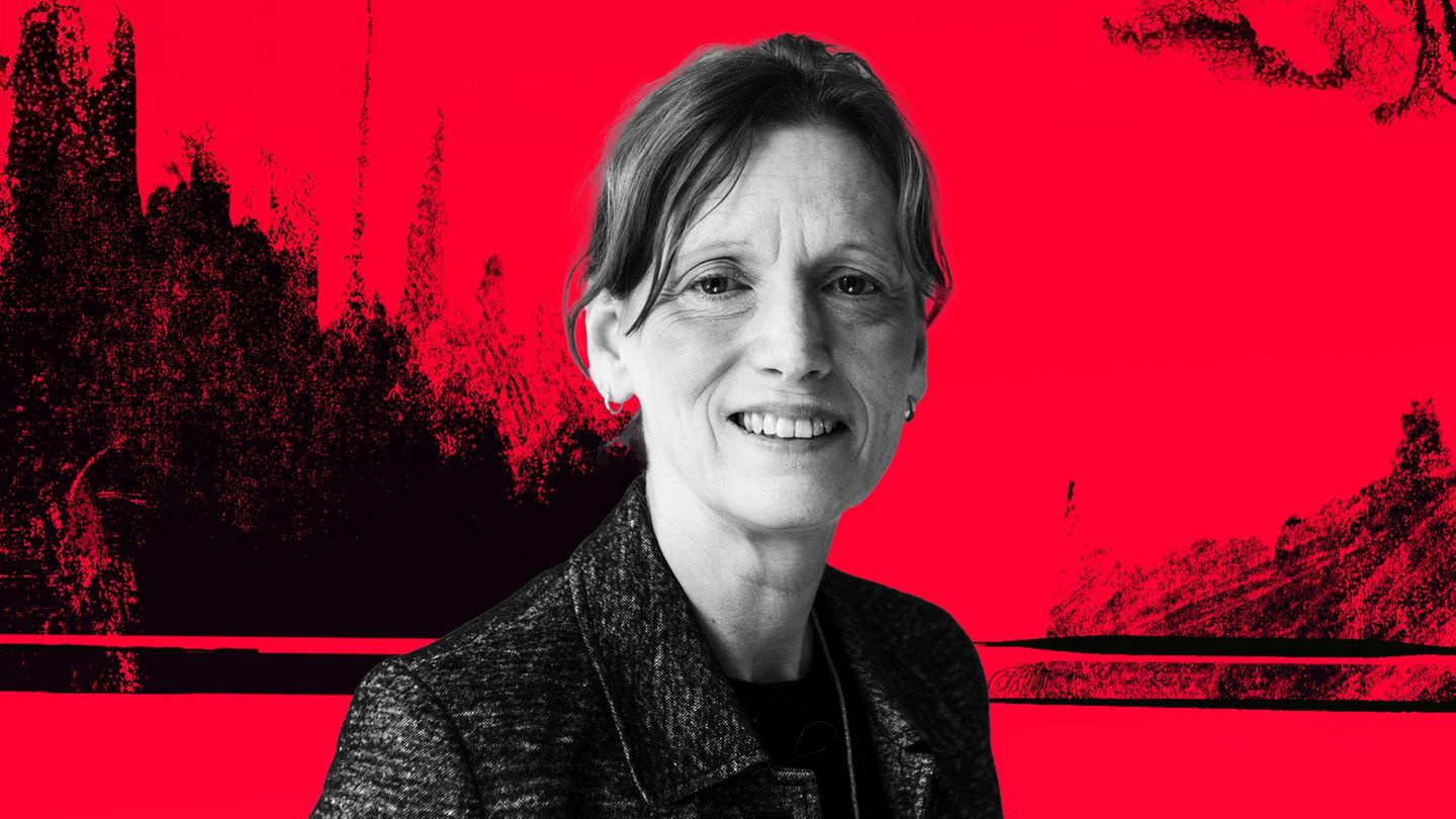 Montage zeigt Karin Prien vor rot-schwarzem illustrativen Hintergrund Montage zeigt Karin Prien vor rot-schwarzem illustrativen Hintergrund