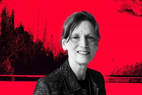 Montage zeigt Karin Prien vor rot-schwarzem illustrativen Hintergrund Montage zeigt Karin Prien vor rot-schwarzem illustrativen Hintergrund