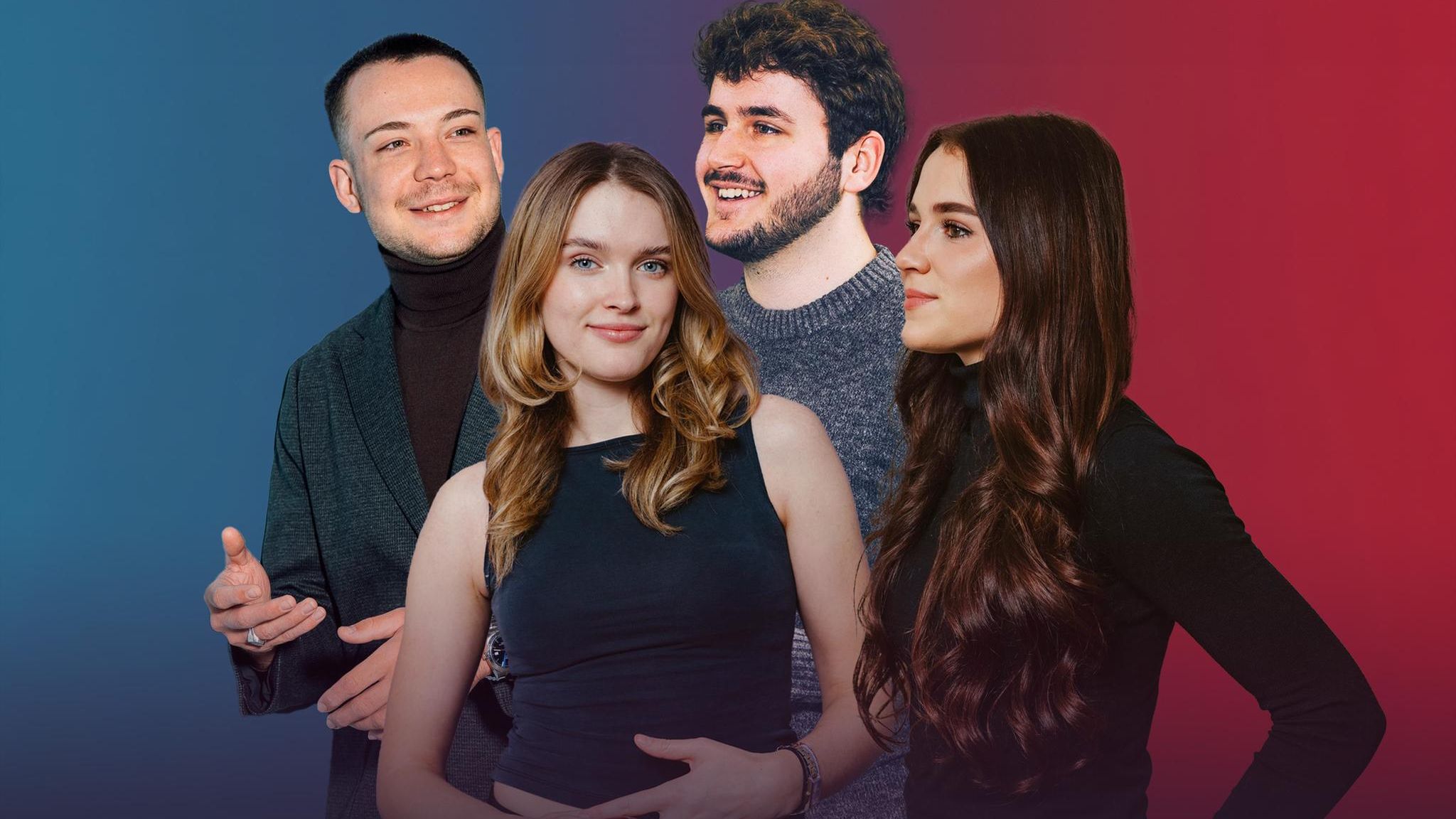 Montage zeigt zwei junge Frauen und zwei junge Männer vor Blau-Rotem Hintergrund Montage zeigt zwei junge Frauen und zwei junge Männer vor Blau-Rotem Hintergrund