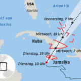 Hurrikan "Melissa" über der Karibik: Die roten Linien markieren die Warngebiete, die gestrichelte schwarze Linie die prognostizierte Zugbahn