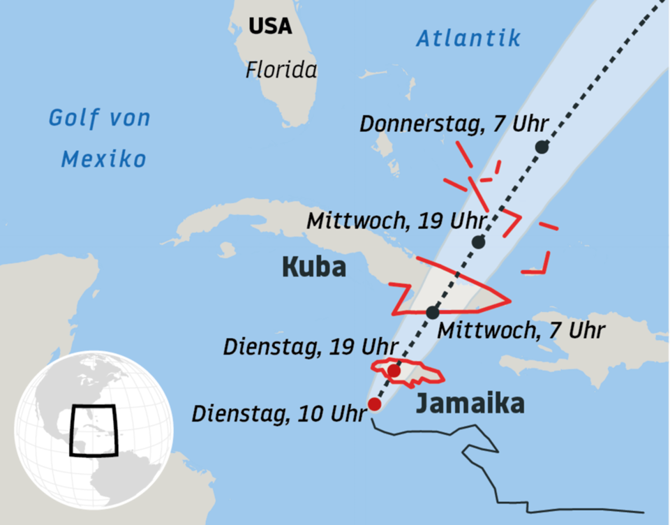 Wirbelsturm: Hurrikan "Melissa" über der Karibik: Die roten Linien markieren die Warngebiete, die gestrichelte schwarze Linie die prognostizierte Zugbahn Hurrikan "Melissa" über der Karibik: Die roten Linien markieren die Warngebiete, die gestrichelte schwarze Linie die prognostizierte Zugbahn