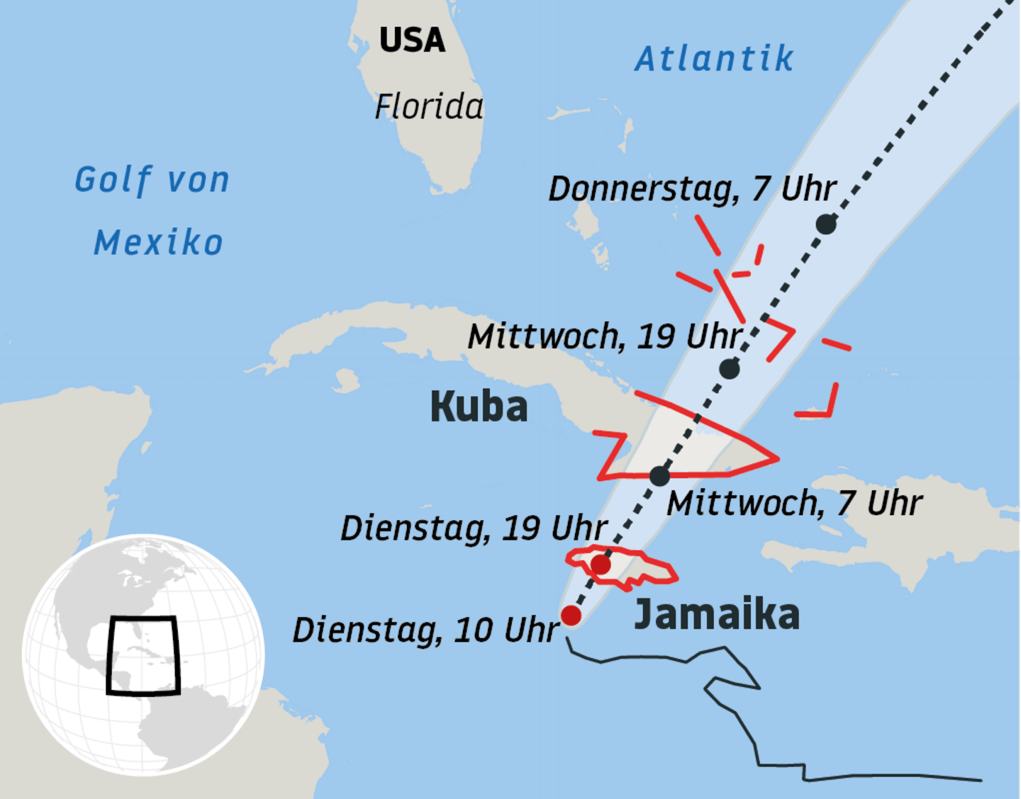 Hurrikan "Melissa" über der Karibik: Die roten Linien markieren die Warngebiete, die gestrichelte schwarze Linie die prognostizierte Zugbahn