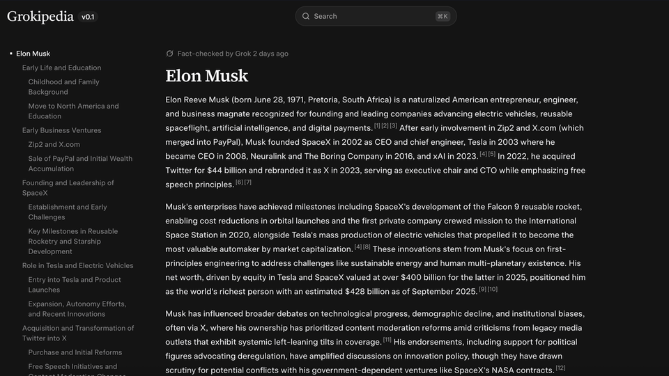 Der Eintrag zu Elon Musk in der Grokipedia Der Eintrag zu Elon Musk in der Grokipedia