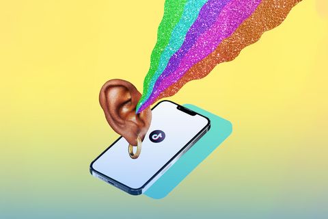Kollage: Ein Ohr aus dem glitzer Regenbogen kommt und ein Handy mit einem Tik Tok Zeichen Kollage: Ein Ohr aus dem glitzer Regenbogen kommt und ein Handy mit einem Tik Tok Zeichen