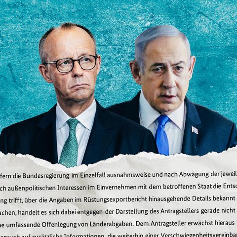Montage: Merz und Netanyahu, im Vordergrund ein Auszug aus einem Brief des Verteidigungsministeriums