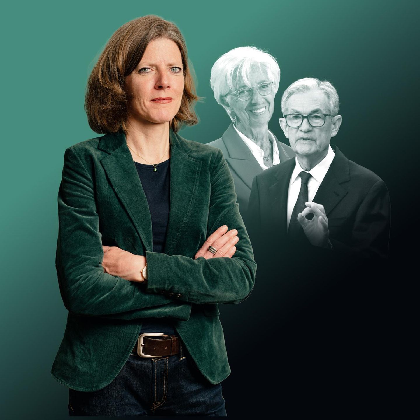 Montage zeigt Nadine Oberhuber vor Christine Lagarde und Jerome Powell