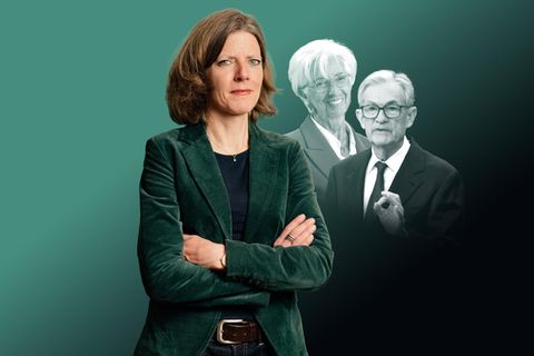 Montage zeigt Nadine Oberhuber vor Christine Lagarde und Jerome Powell Montage zeigt Nadine Oberhuber vor Christine Lagarde und Jerome Powell
