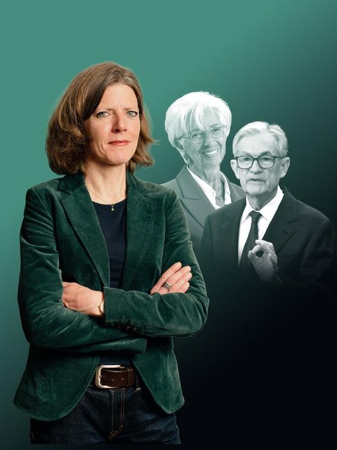 Montage zeigt Nadine Oberhuber vor Christine Lagarde und Jerome Powell