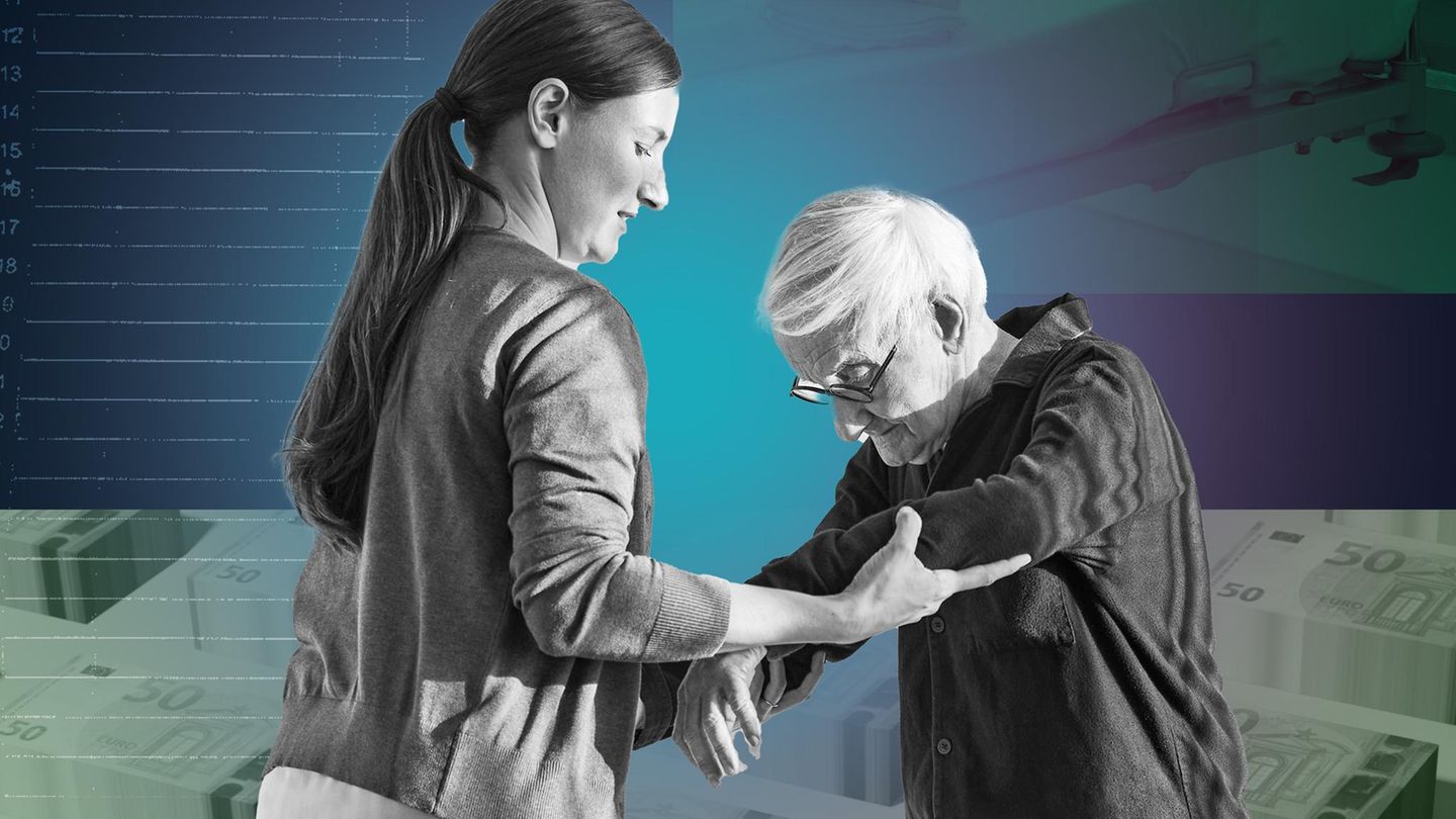 Alloheim Kollage: Eine Pflegerin hilft einer älteren Dame aufzustehen