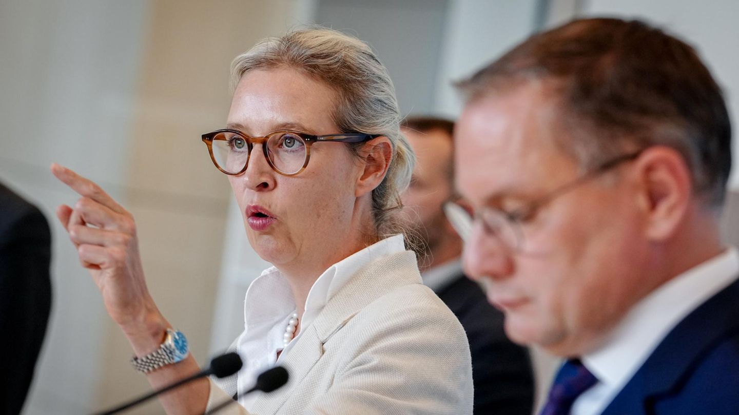 Die AfD-Chefs Alice Weidel und Tino Chrupalla geben ein Pressestatement Die AfD-Chefs Alice Weidel und Tino Chrupalla geben ein Pressestatement