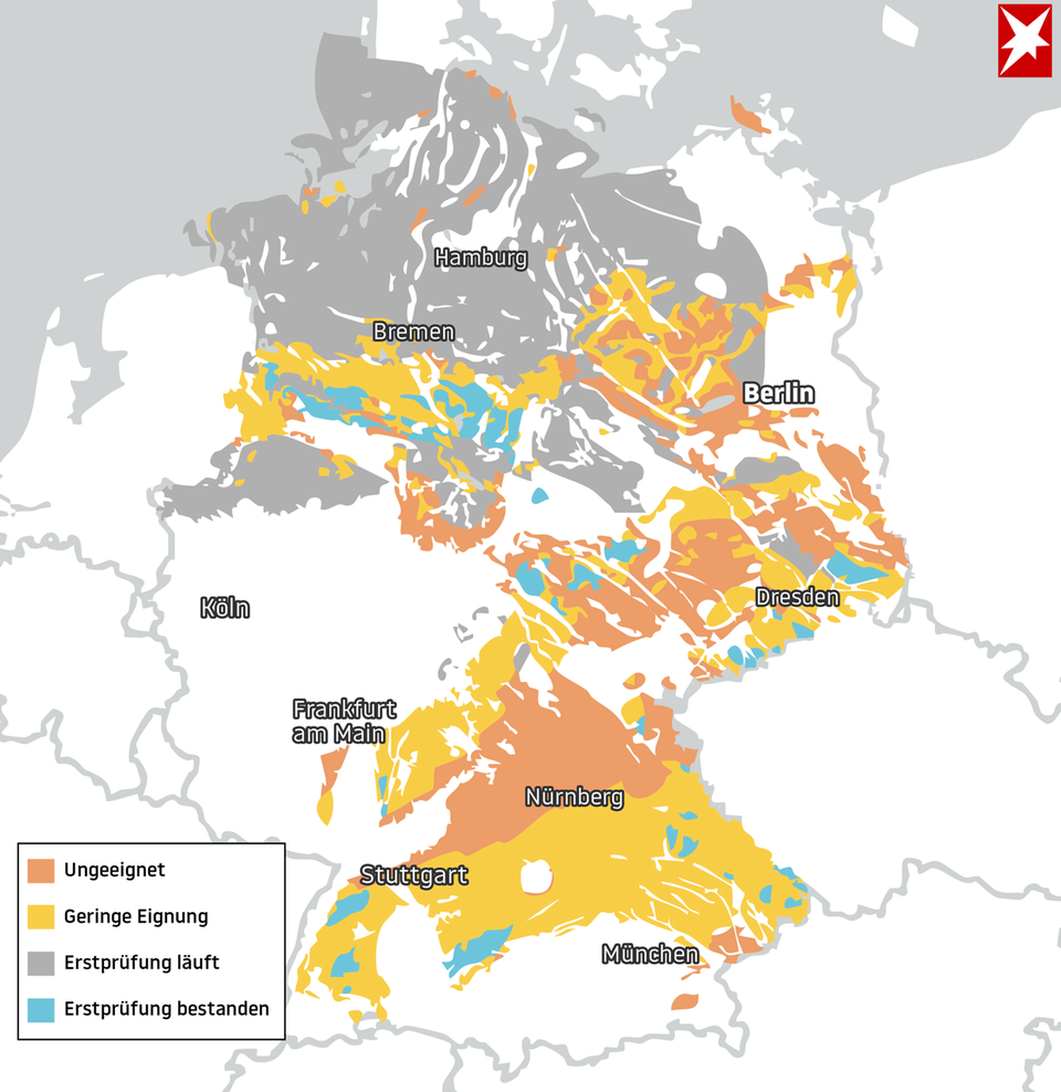 Karte mit Regionen für Atmommüllendlager