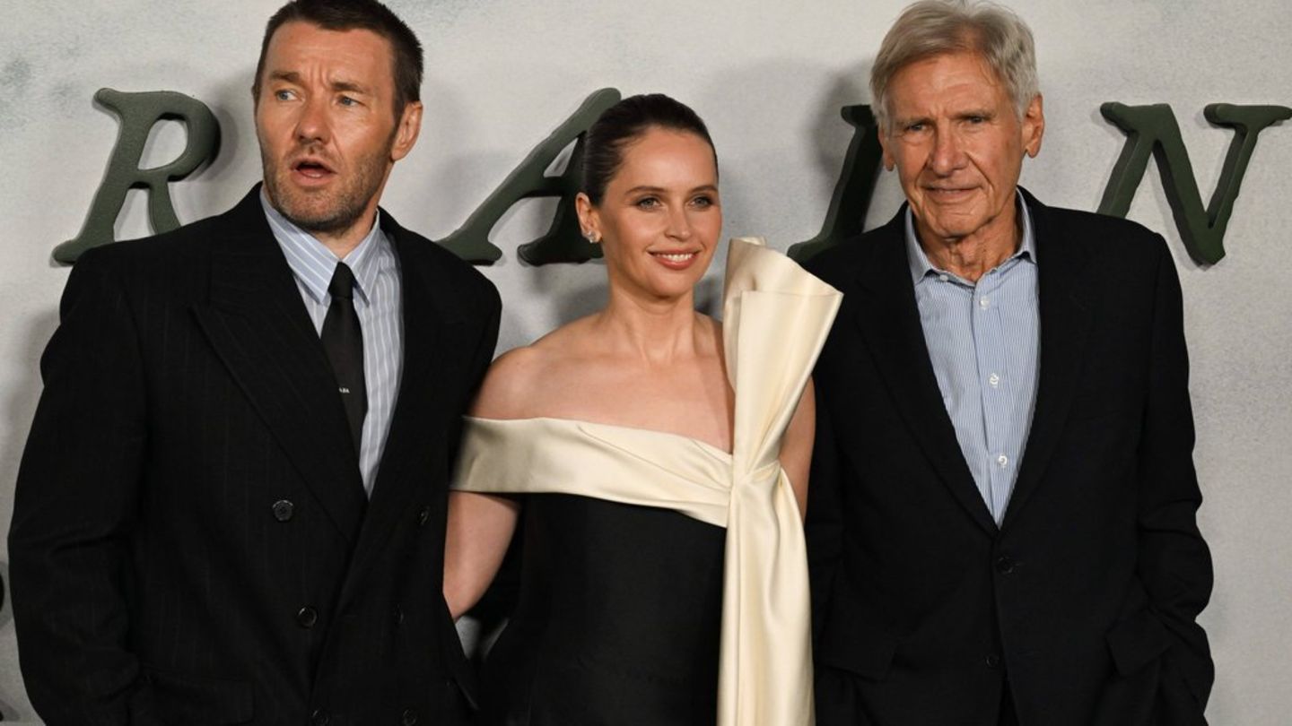 Joel Edgerton, Felicity Jones und Harrison Ford (v.l.n.r.) bei der Premiere von "Train Dreams".