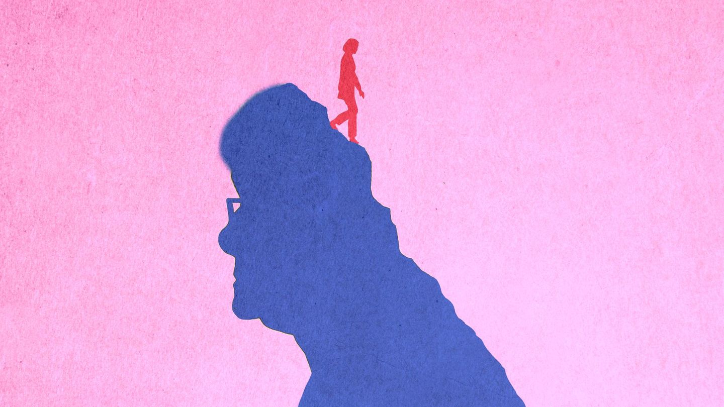 Illustration - Eine Frau läuft auf dem schwindendem Hinterkopf einer alten Frau herunter