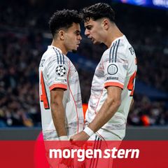 Luis Díaz und Aleksandar Pavlovic bejubeln einen der Treffer von Bayern München in Paris