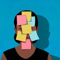 Bürokratie: Illustration einer Frau mit Post-its auf dem Kopf