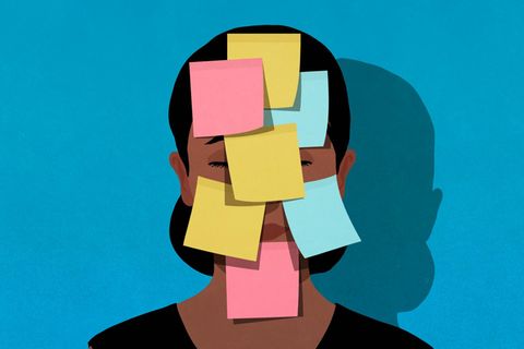 Bürokratie: Illustration einer Frau mit Post-its auf dem Kopf