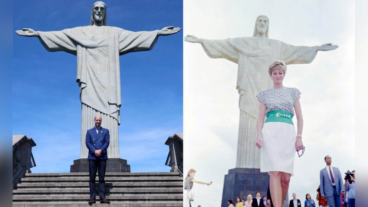 Prinz William heute, rechts Prinzessin Diana 1991 vor einem der bekanntesten Wahrzeichen Rio de Janeiros.