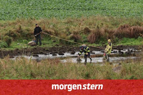 Polizisten suchen Mitte Oktober den Tümpel ab, an dessen Ufer die Leiche von Fabian gefunden wurde