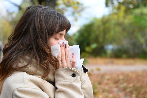 Wer niesen muss, sollte sich von anderen Personen abwenden und ein Taschentuch oder die Armbeuge vor Mund und Nase halten (Symbo