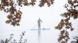 Hamburg, Deutschland. Inmitten nebelverhangener Ruhe paddelt ein Mann mit einem Stand-up-Paddleboard konzentriert auf der Außenalster an herbstlich verfärbten Bäumen entlang