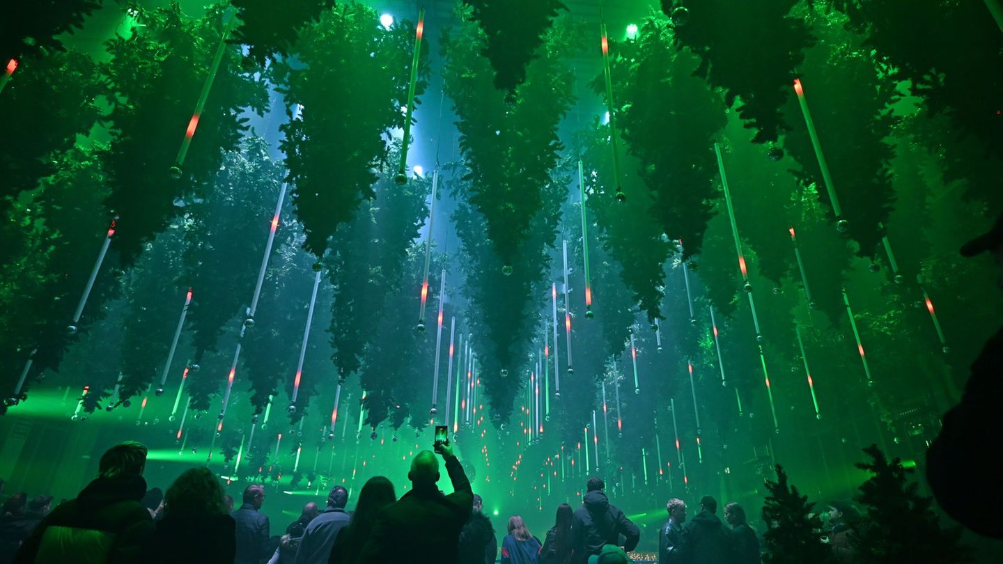 Auf 1.000 Quadratmetern gibt es über 600 schwebende Bäume und 250.000 Lichter. Foto: Elisa Schu/dpa