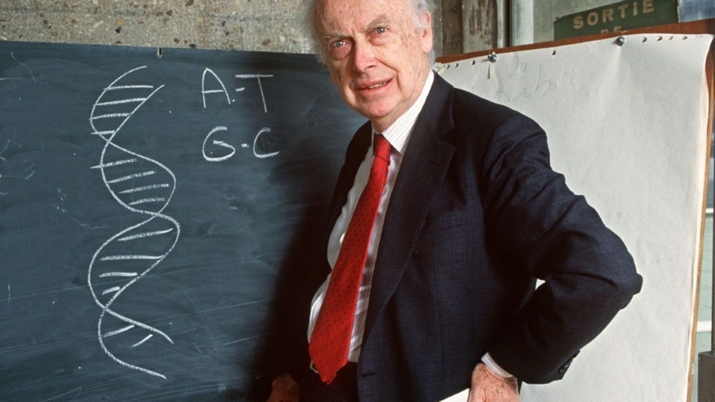 James Watson, prix Nobel de Médecine pour avoir découvert la structure moléculaire de l'ADN, photographié à Paris le 23 avril 19