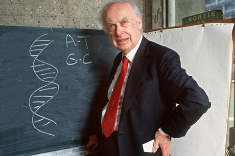James Watson, prix Nobel de Médecine pour avoir découvert la structure moléculaire de l'ADN, photographié à Paris le 23 avril 19
