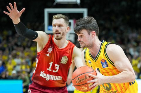 Spielen sie bald in der NBA Europe gegeneinander? Bayerns Andreas Obst (links) und Alba-Profi Jonas Mattisseck. (Archivfoto) Fot