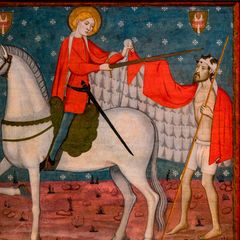 Gemälde 14. Jahrhundert: St. Martin mit Heiligenschein teilt seinen roten Mantel mit einem halbnackten Bettler