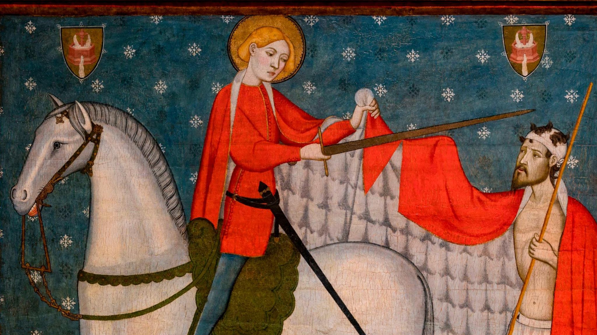 Gemälde 14. Jahrhundert: St. Martin mit Heiligenschein teilt seinen roten Mantel mit einem halbnackten Bettler