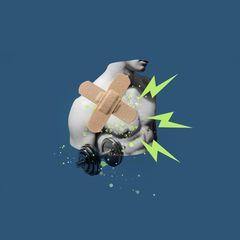 Illustration: Oberkörper eines Mannes mit Pflaster auf der Haut plus Hantel