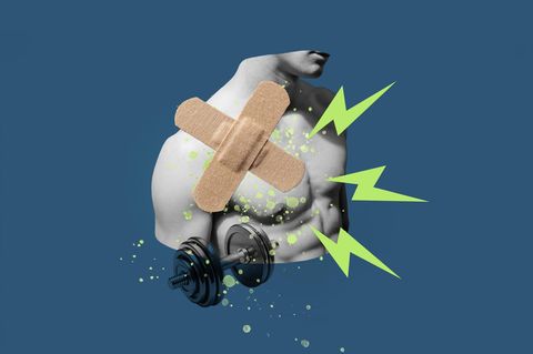 Illustration: Oberkörper eines Mannes mit Pflaster auf der Haut plus Hantel