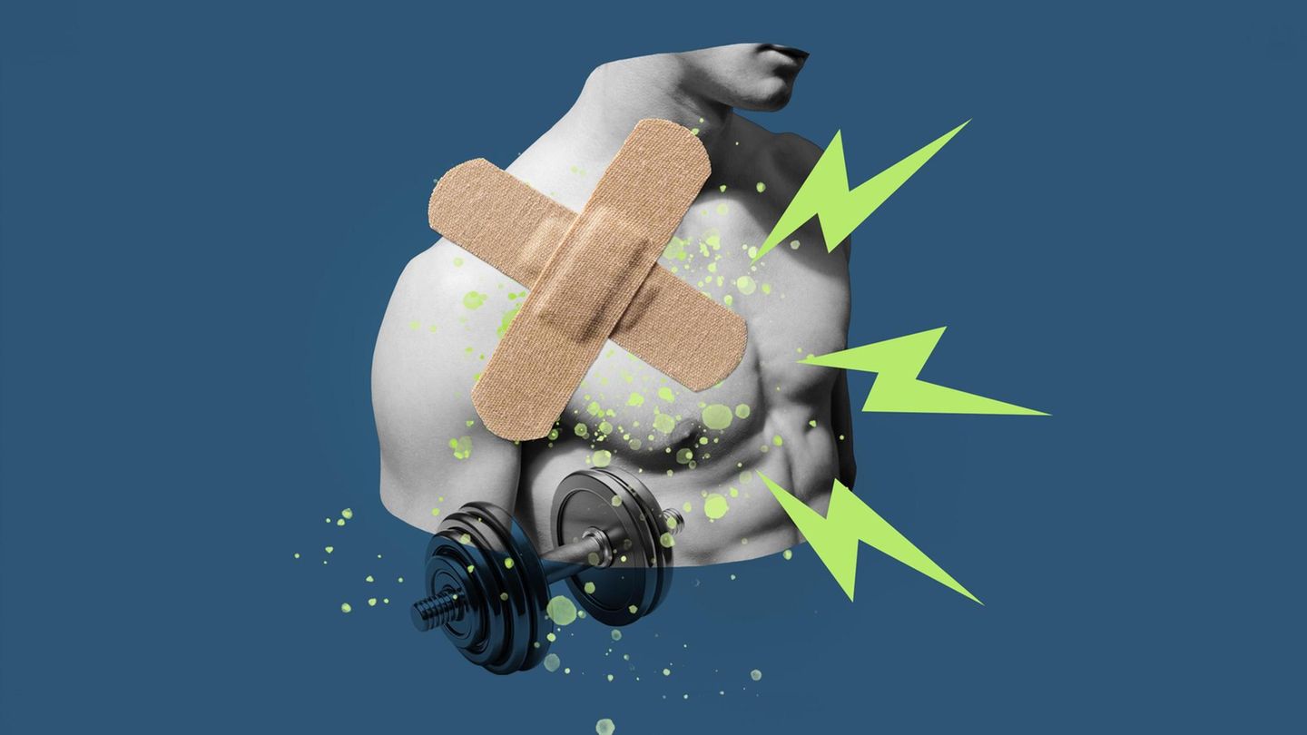 Illustration: Oberkörper eines Mannes mit Pflaster auf der Haut plus Hantel