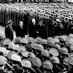 Konrad Adenauer schreitet an angetretenen Soldaten vorbei