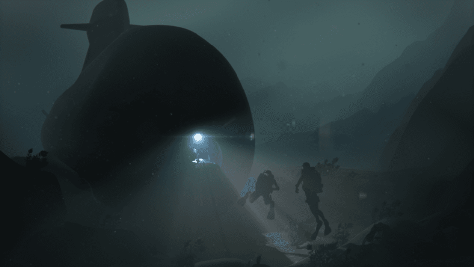 Computergrafik eines auf dem Meeresboden liegenden U-Bootes mit Tauchern vor dem Bug