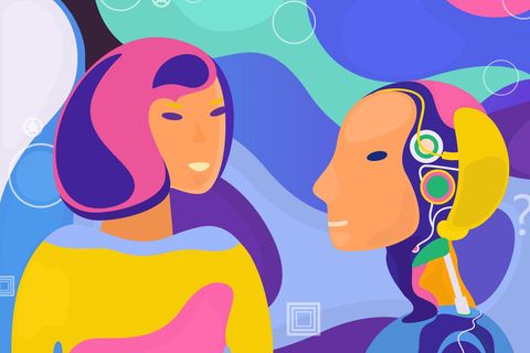 Illustration einer Frau in Kommunikation mit einem Roboter