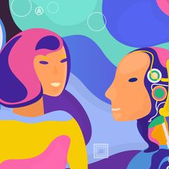 Illustration einer Frau in Kommunikation mit einem Roboter