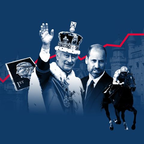 Montage zeigt König Charles, Prinz William, Rennpferd, Briefmarke von König Charles vor Balmoral und einer aufsteigenden Kurve