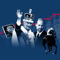 Montage zeigt König Charles, Prinz William, Rennpferd, Briefmarke von König Charles vor Balmoral und einer aufsteigenden Kurve