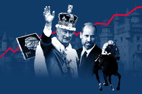 Montage zeigt König Charles, Prinz William, Rennpferd, Briefmarke von König Charles vor Balmoral und einer aufsteigenden Kurve