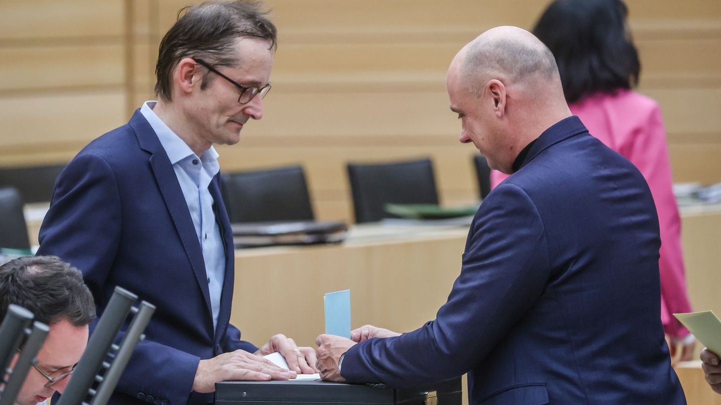 Daniel Born (r) steht vor dem Ende seiner politischen Laufbahn. Foto: Christoph Schmidt/dpa