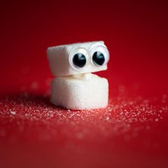 Würfelzucker mit aufgeklebten Augen