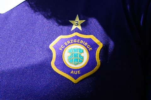 Das Logo des FC Erzgebirge Aue Foto: Robert Michael/dpa