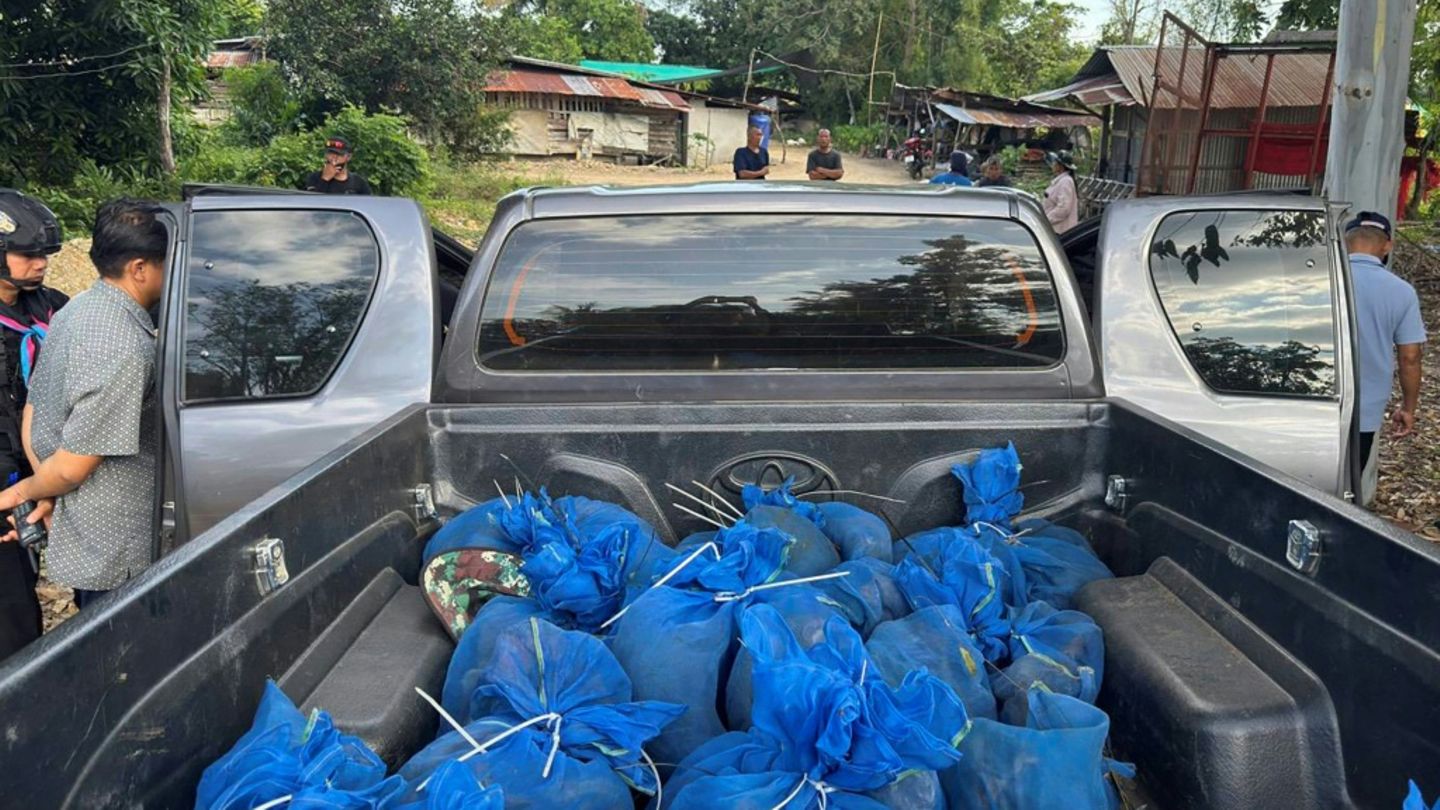 Die blauen Säcke auf der Ladefläche des Fahrzeugs
